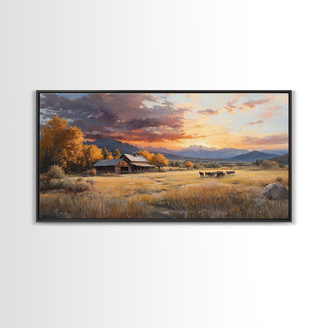 Sunset Ranch Framed Canvas Print Scenic Landscape Art Autumn Mountain Wall Decor Ideal Holiday and Fall Home Decor Extra Large Art