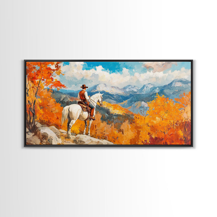 Cowboy on autumn swing, Framed Canvas Print, rustic Western art with vibrant fall, tall framed canvas print autumn decor farmhouse wall art