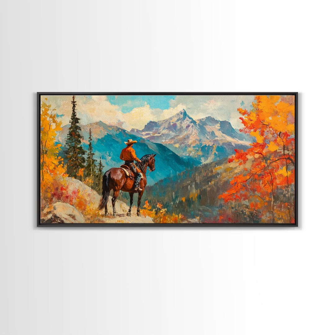 Female cowboy in fall forest, Framed Canvas Print, tall striking artwork rustic or modern farmhouse seasonal wall art