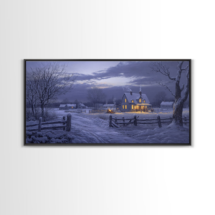 Moonlit Winter Night Scene Framed Canvas Print Christmas Decor, Winter Art Print, Moody Landscape Wall Art, Seasonal Holiday Gift