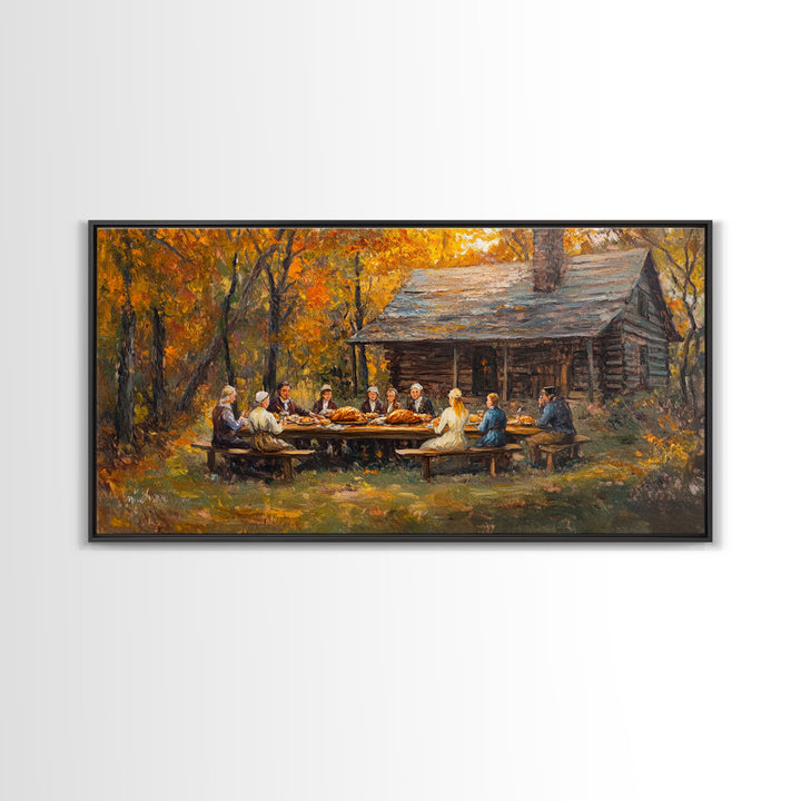 Thanksgiving Dinner With Family At Rustic Cabin, Cozy Fall Harvest Scene Wall Art, Warm Autumn Framed Canvas Print, Country Decor