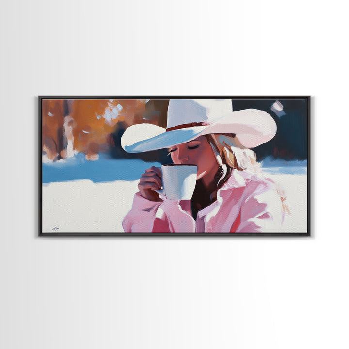Cowgirl Enjoying A Cup of Coffee, Framed Canvas Print, Winter Wall Art, Pink Decor, Gift For Her, Seasonal Winter Home Decor