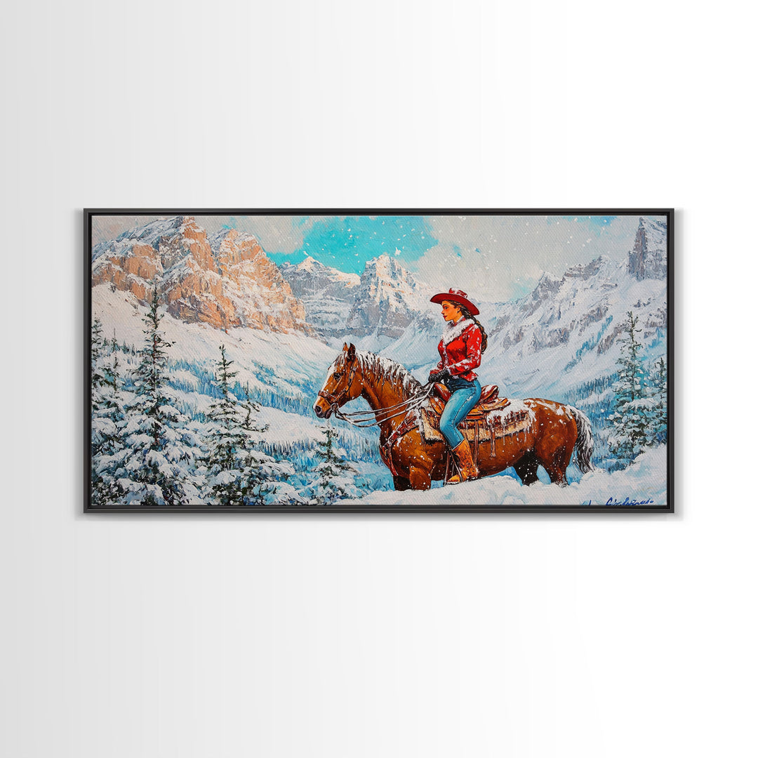 The Rider, Winter Cowgirl Framed Canvas Print, Farmhouse Western Decor, rustic winter wall art for holiday or seasonal decor