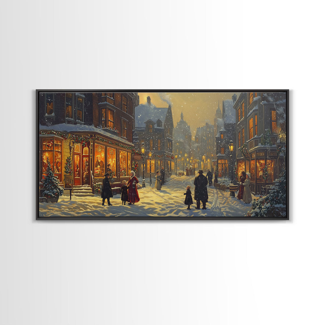 Victorian Christmas Street Scene With Families Shopping, Cozy Winter Wonderland Wall Art, Framed Canvas Print, Vintage Christmas Decor