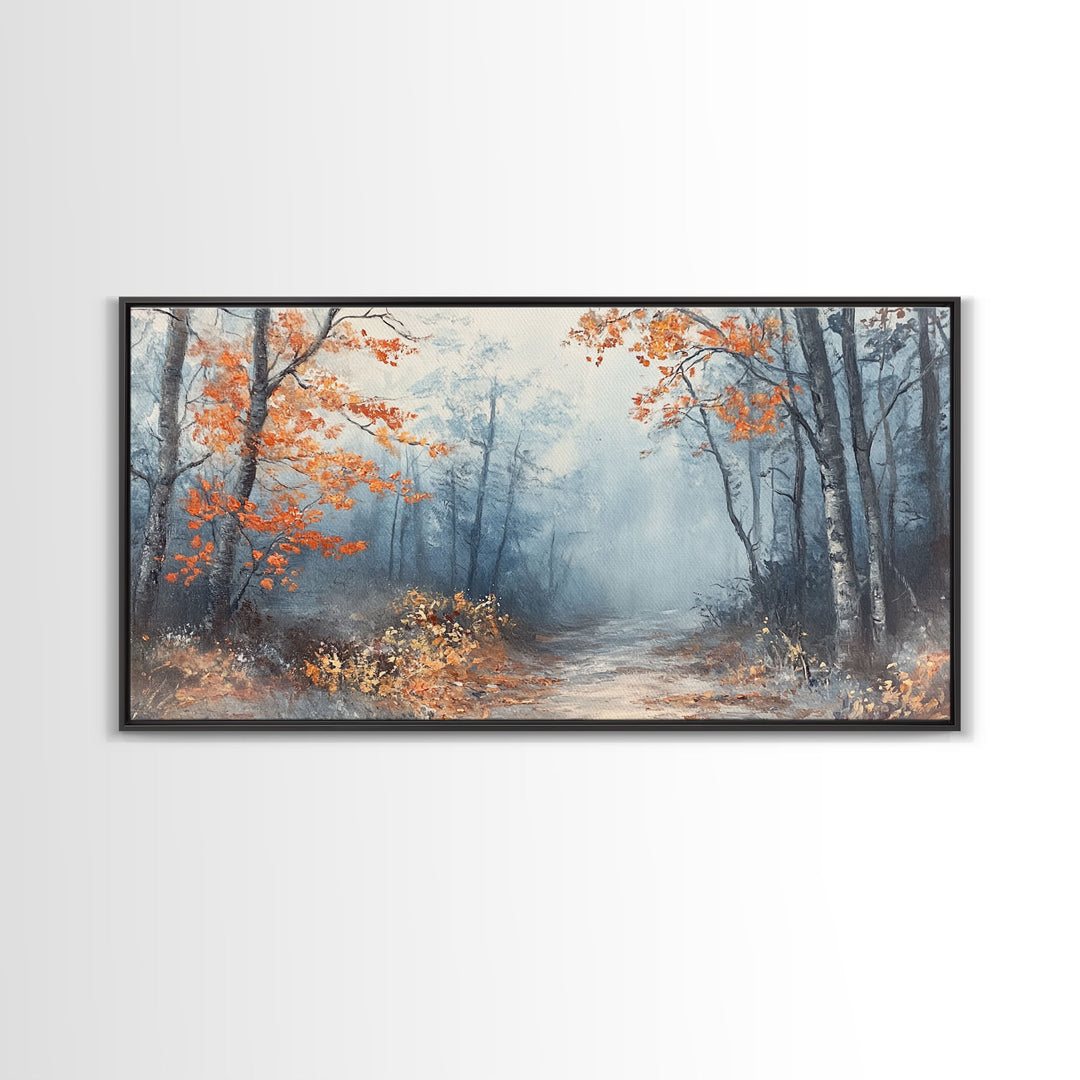 Winter Forest Path Framed Canvas Print, Misty Trees and Snow Scene, Landscape, Winter Wonderland Art, Christmas Home Decor, Holiday Gift