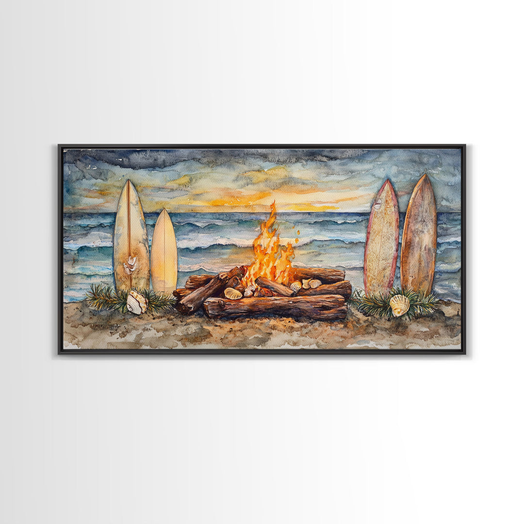 Surfboards And Bonfire On The Beach At Sunset, Tropical Coastal Wall Art, Beach Christmas Decor, Framed Canvas Print