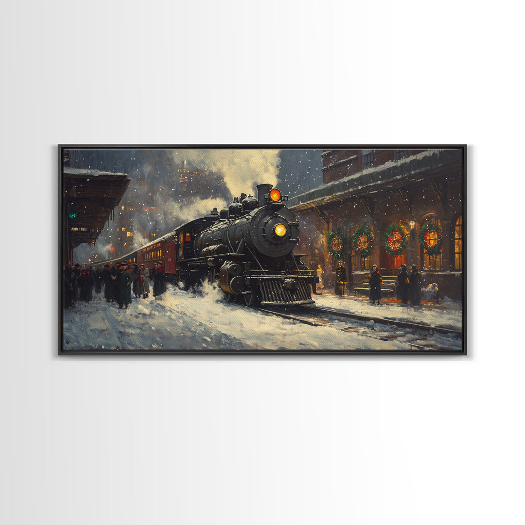 Winter Train Station Framed Canvas Print, Snowy Christmas Scene, Vintage Holiday Decor, Christmas Home Decor, Trendy Christmas Art