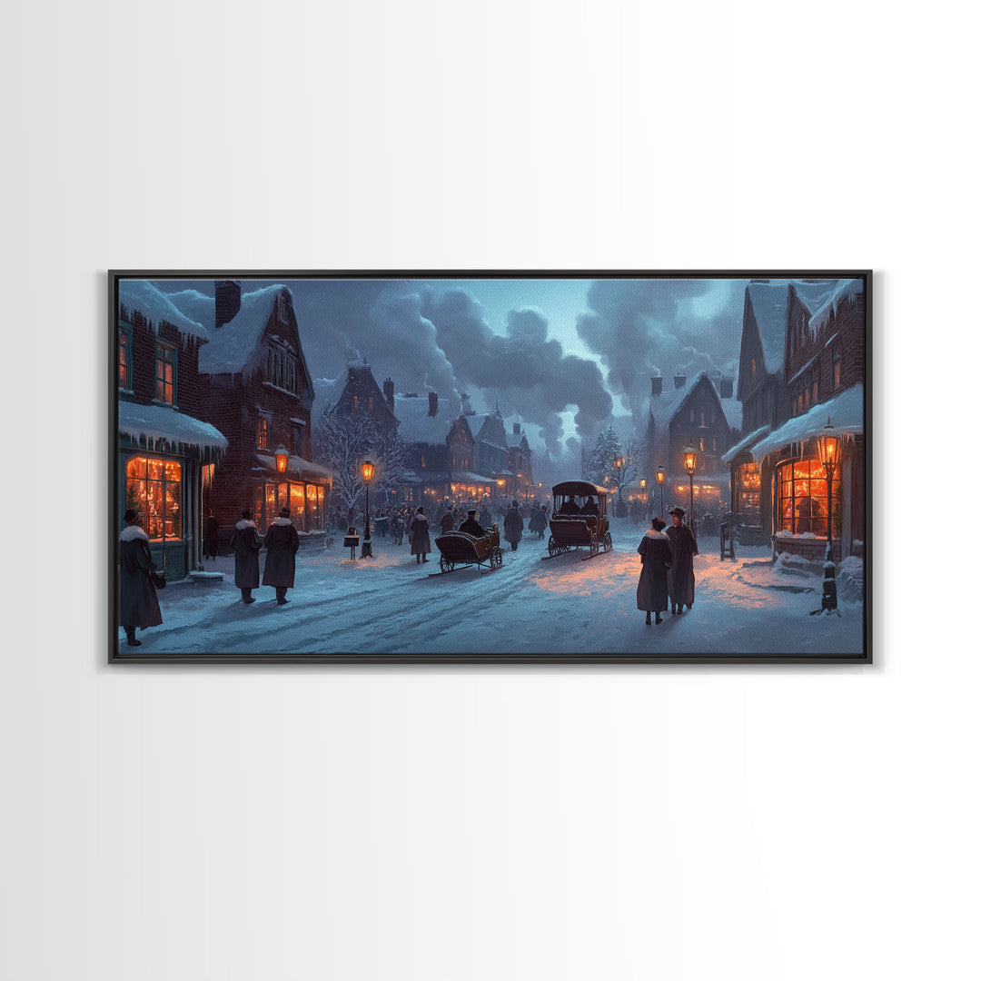 Victorian Winter Street Framed Canvas Print, Christmas Village Scene, Holiday Decor, Vintage Christmas Home Decor, Christmas Wall Art Gift