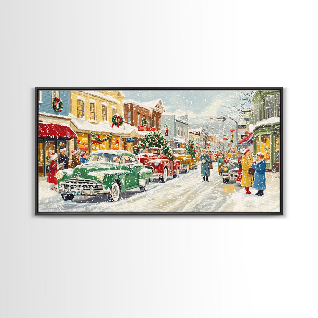 Festive Small Town Framed Canvas Print, Retro Christmas Village Scene, Vintage Christmas Decor, Christmas Vacation Art, Holiday Wall Art