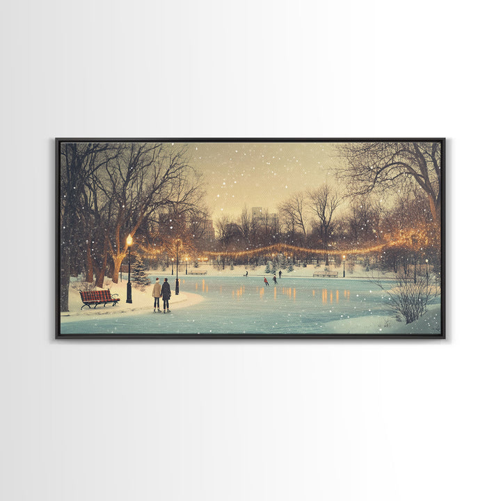 Snowy Ice Skating Framed Canvas Print, Winter Wonderland Scene Art, Vintage Christmas Decor, Christmas Vacation Art, Best Holiday Wall Art