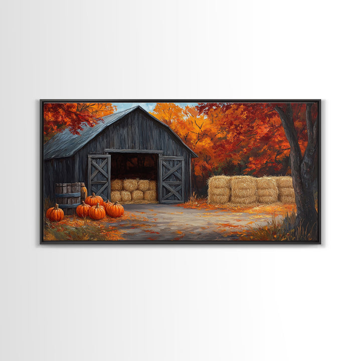 Fall Barnyard with Pumpkins Framed Canvas Print Farmhouse Decor, Fall Art Print, Rustic Home Decor, Seasonal Gift Wall Art