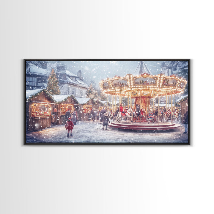 Festive Christmas Carousel Framed Canvas Print - Vintage Christmas Wall Art and Holiday Scene Decor with Christmas Characters