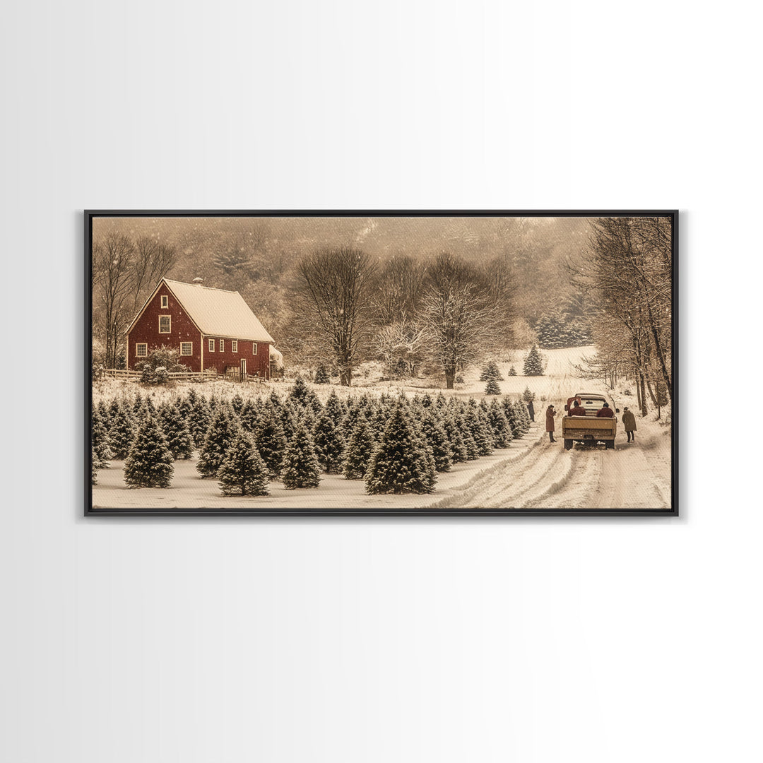 Snowy Farmhouse Christmas Tree Framed Canvas Print - Country Christmas Decor with Rustic Vintage Charm and Holiday Wall Art