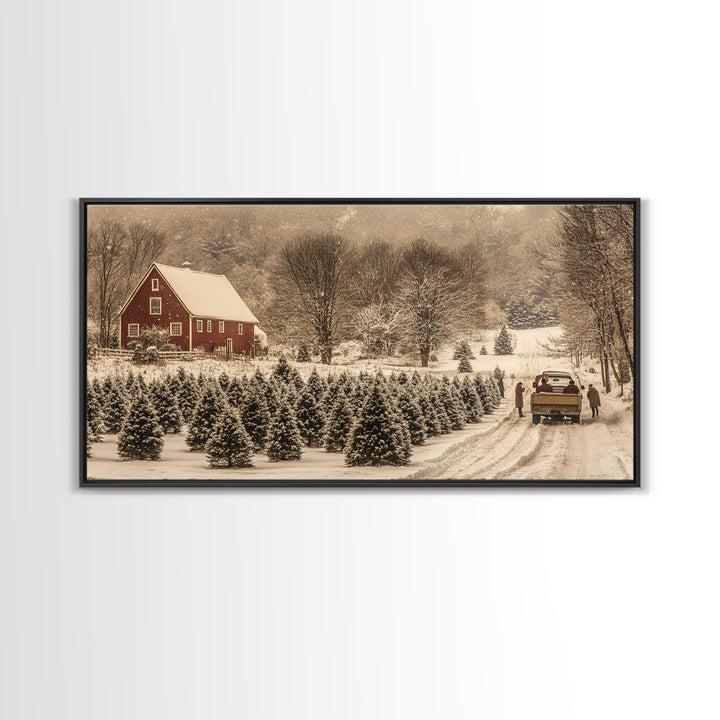 Snowy Farmhouse Christmas Tree Framed Canvas Print - Country Christmas Decor with Rustic Vintage Charm and Holiday Wall Art