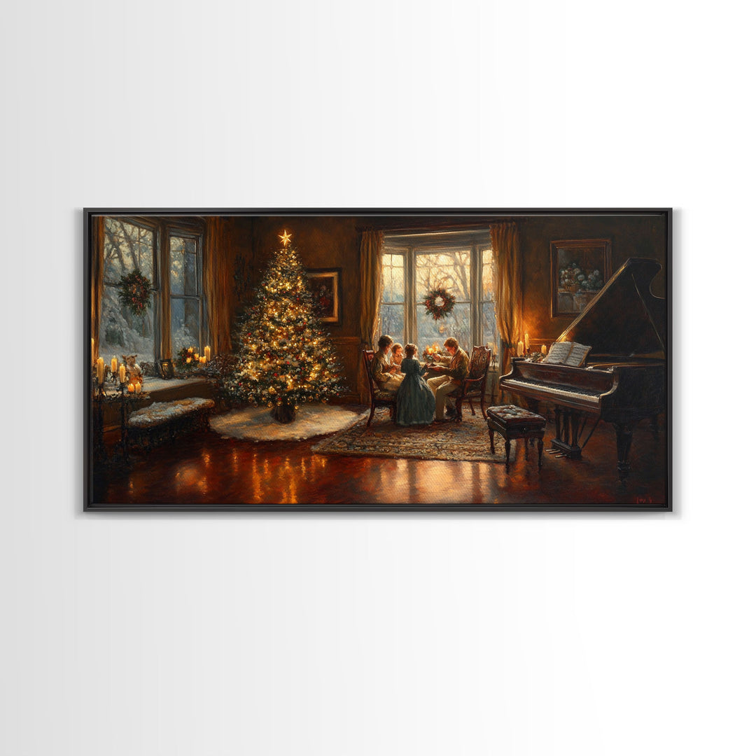 Family Gathering by Christmas Tree Framed Canvas Print - Warm Christmas Home Decor with Vintage Charm and Classic Holiday Wall Art