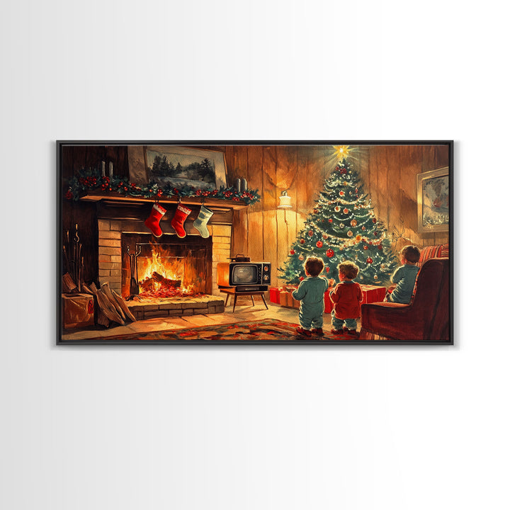 Vintage Christmas living room scene with fireplace and children, 2024 Christmas home decor, framed canvas print, vintage Christmas wall art