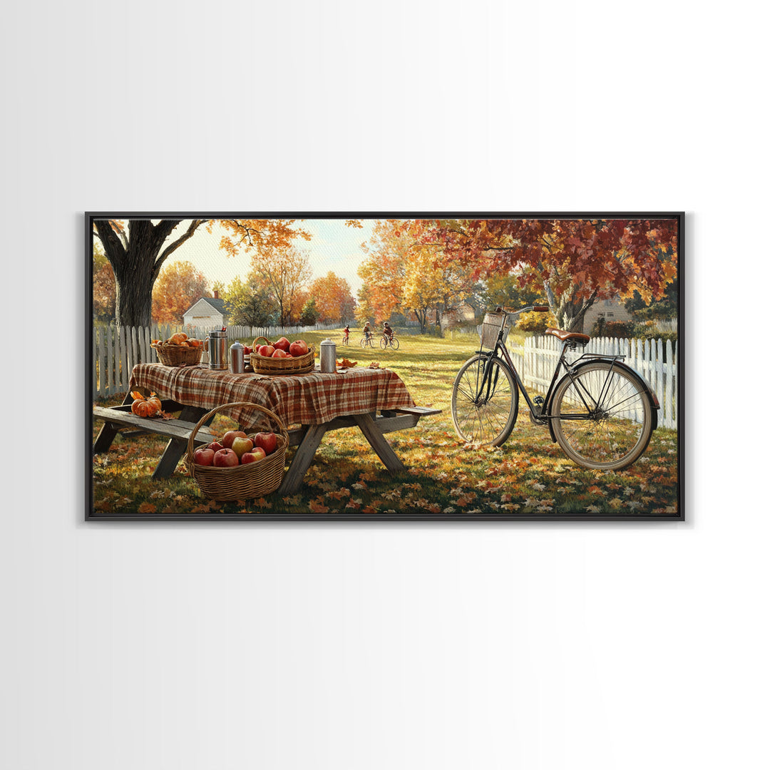 Autumn picnic with apples and plaid tablecloth, fall farmhouse decor, canvas print, country autumn art, autumn wall decor