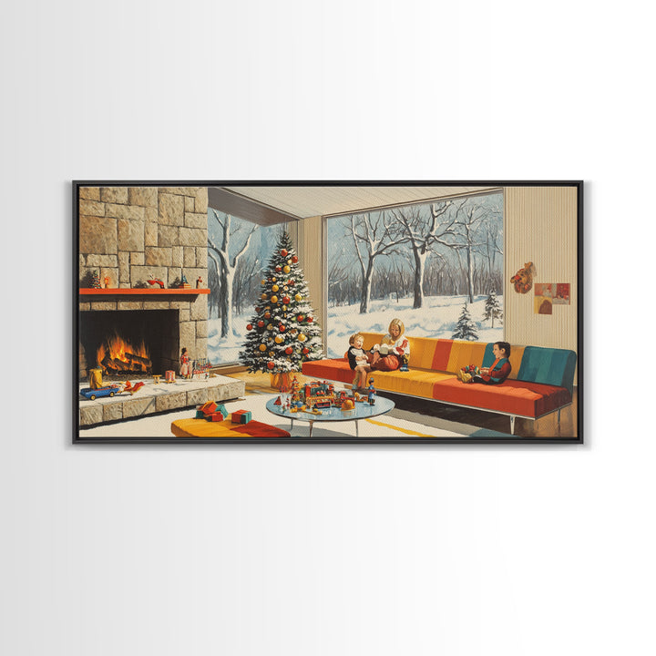 Mid century modern Christmas scene with fireplace and tree, retro Christmas decor, framed canvas print, 1960s Christmas home decor