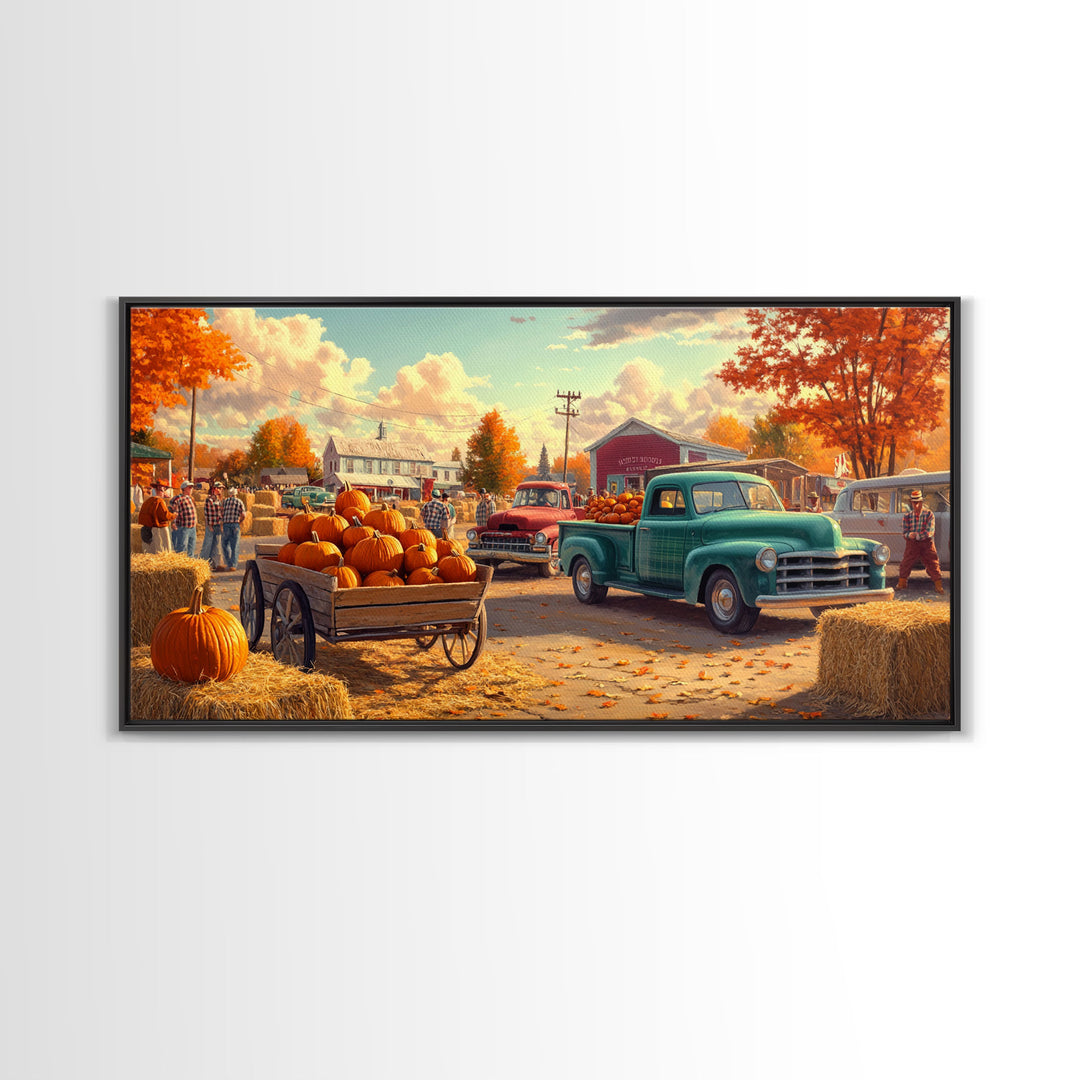 Fall pumpkin harvest with vintage trucks, country autumn decor, canvas print, fall farmhouse wall art, seasonal decor