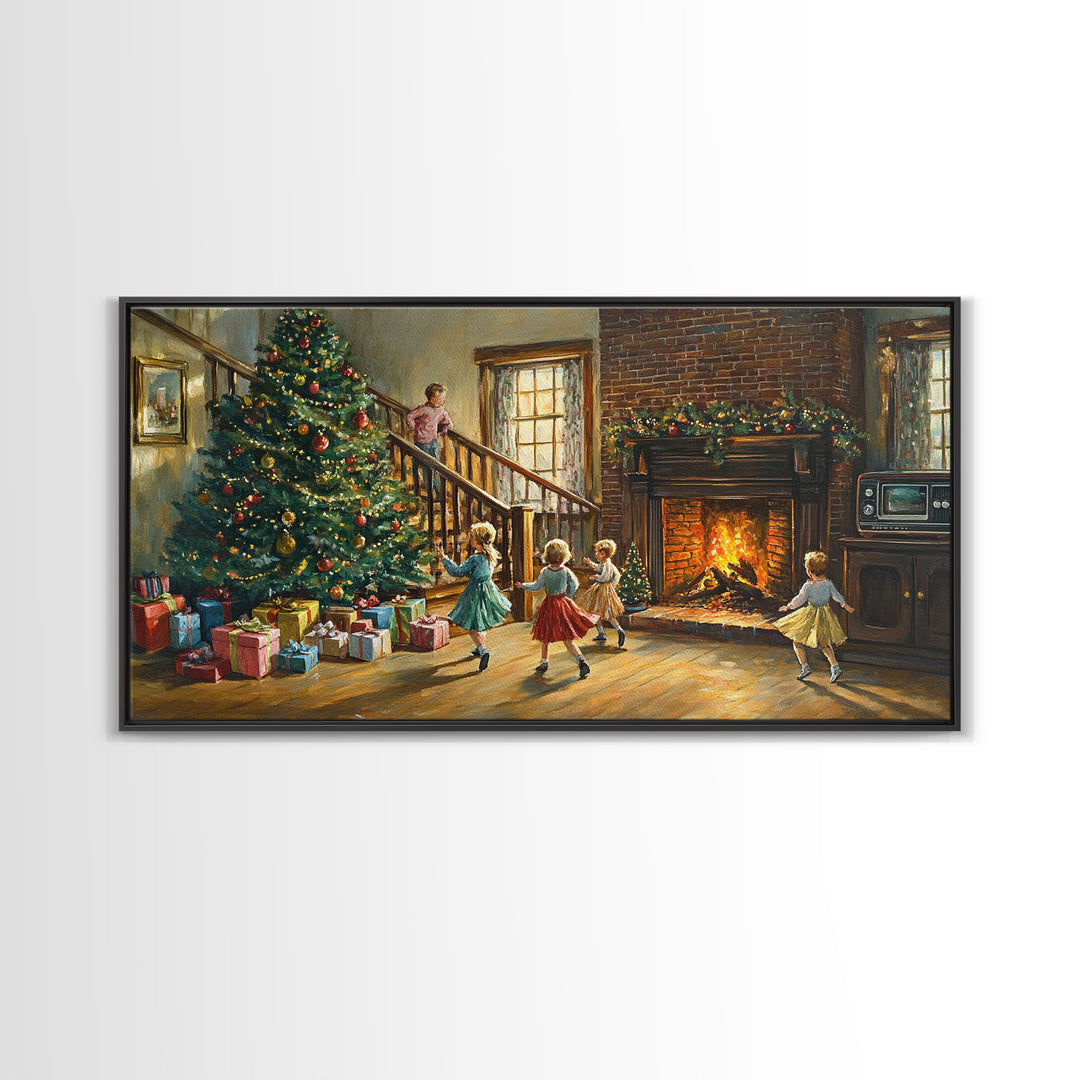 Vintage Christmas living room with fireplace and tree, children and presents, framed canvas print, Christmas decor, holiday wall art