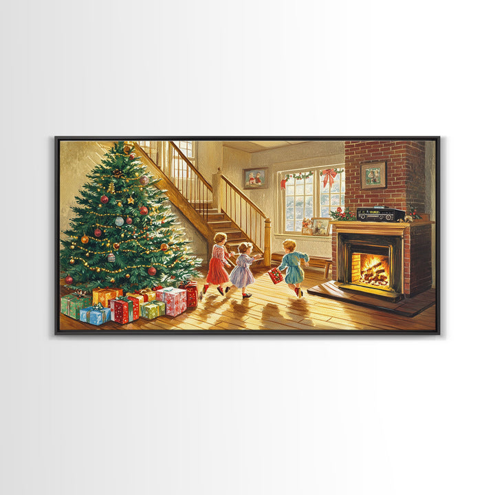 Cozy Christmas living room scene with tree and presents, vintage holiday decor, canvas print, Christmas wall art, Christmas decor