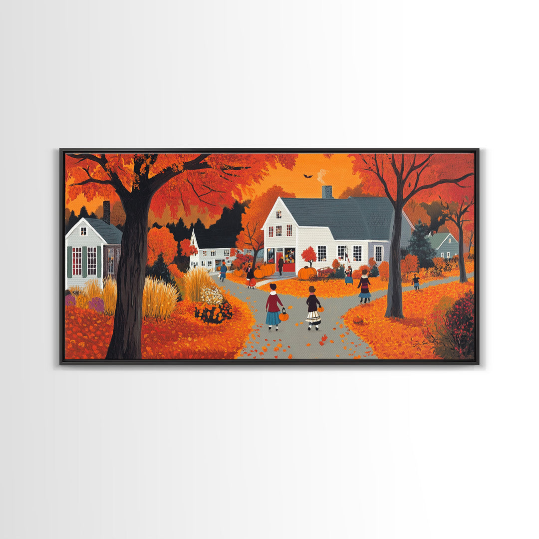 Autumn Vintage Village Canvas Print with Fall Foliage, Seasonal Farmhouse Art, Framed Wall Decor Gift, Best Gift Idea