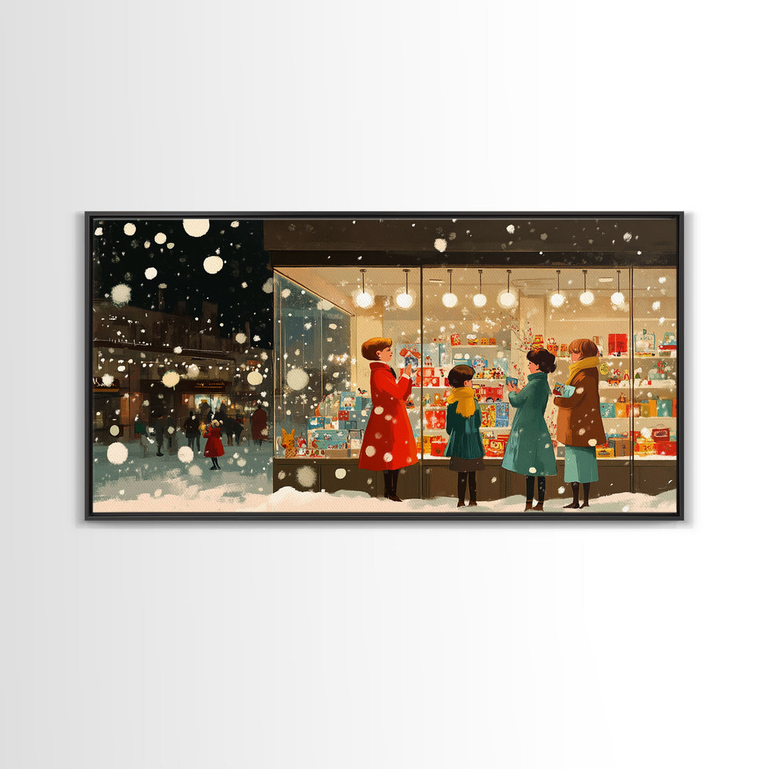 Christmas Window Shopping Scene Framed Canvas Print, Nostalgic Winter Holiday Wall Art Decor, Best Christmas Gift Idea, City Christmas Decor