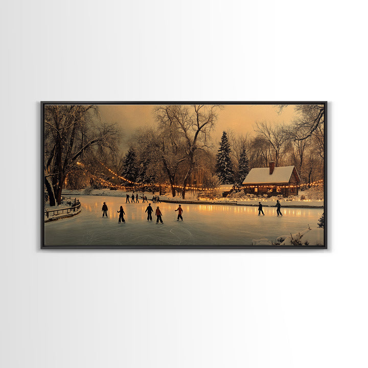 Winter Wonderland Ice Skating Framed Canvas Print, Rustic Christmas Art, Holiday Scene Wall Decor, Best Christmas Gift, Winter Landscape Art