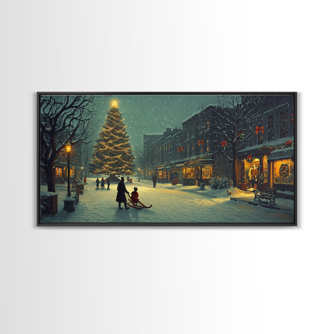 Christmas Village Tree Lighting Framed Canvas Print, Nostalgic Winter Holiday Art, Vintage Wall Art Scene, Best Gift Idea Christmas Decor