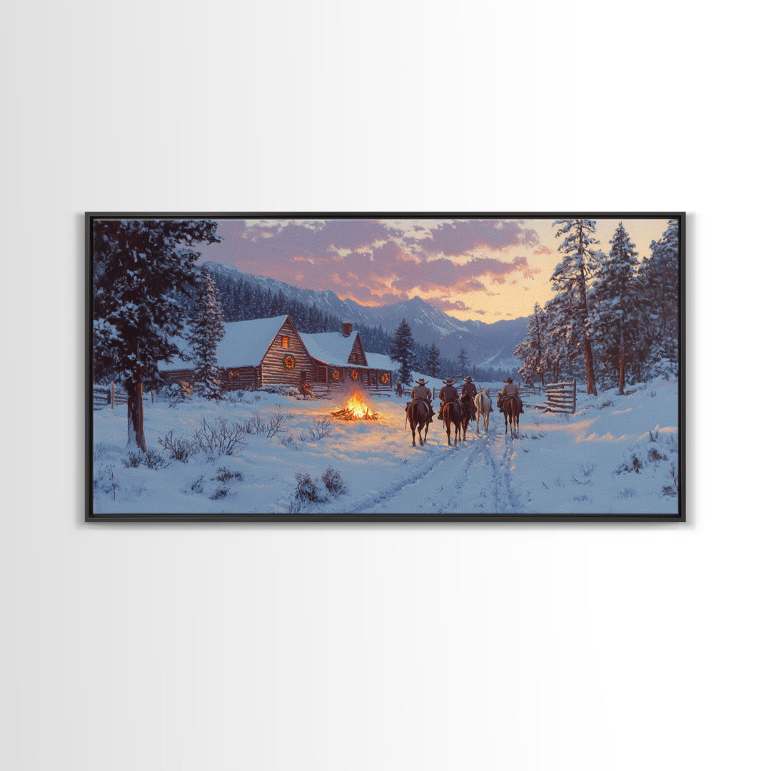 Cowboys and Log Cabin Winter Christmas Framed Canvas Print, Rustic Mountain Holiday Scene Art, Best Christmas Gift Idea, Winter Decor