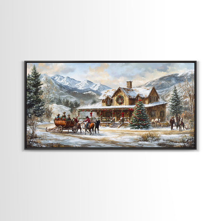 Mountain Log Cabin Christmas Framed Canvas Print, Rustic Holiday Winter Scene, Best Gift Christmas Wall Art, Vintage Holiday Decor Ideas