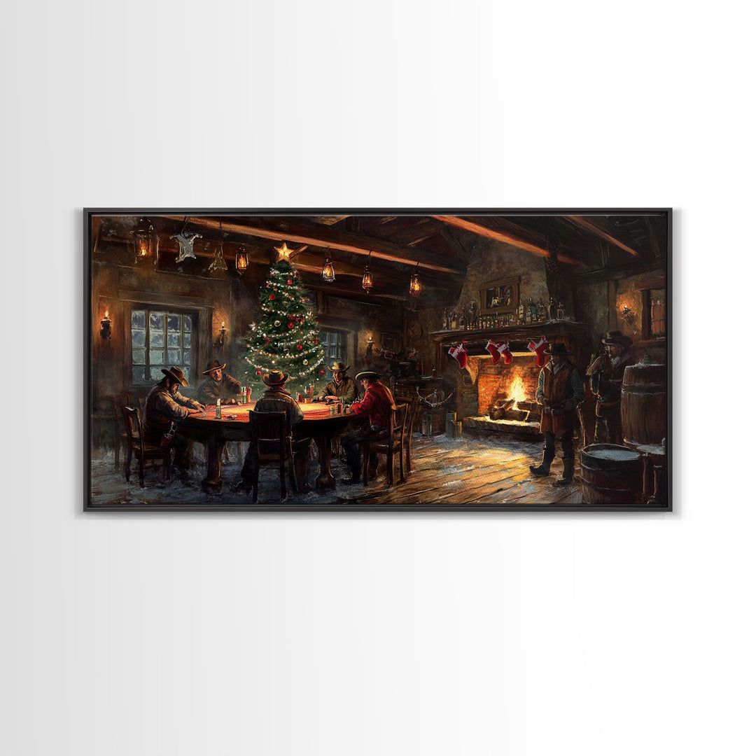 Rustic Cowboy Christmas Framed Canvas Print with Holiday Tree, Vintage Christmas Scene Art, Cozy Farmhouse Holiday Decor Gift Idea