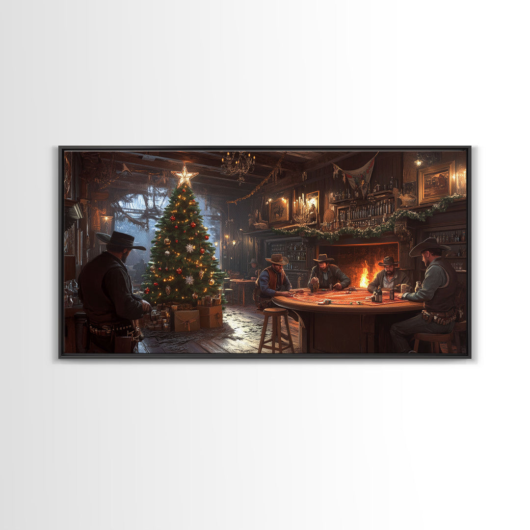 Western Saloon Christmas Framed Canvas Print, Rustic Holiday Decor with Cowboys and Christmas Tree, Best Gift Idea Seasonal Holiday Art