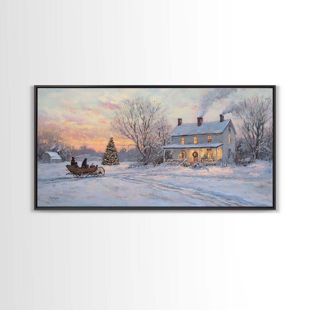 Horse Drawn Sleigh Ride Framed Canvas Print, Winter Wonderland Christmas Scene Art, Vintage Farmhouse Christmas Wall Art Gift Idea