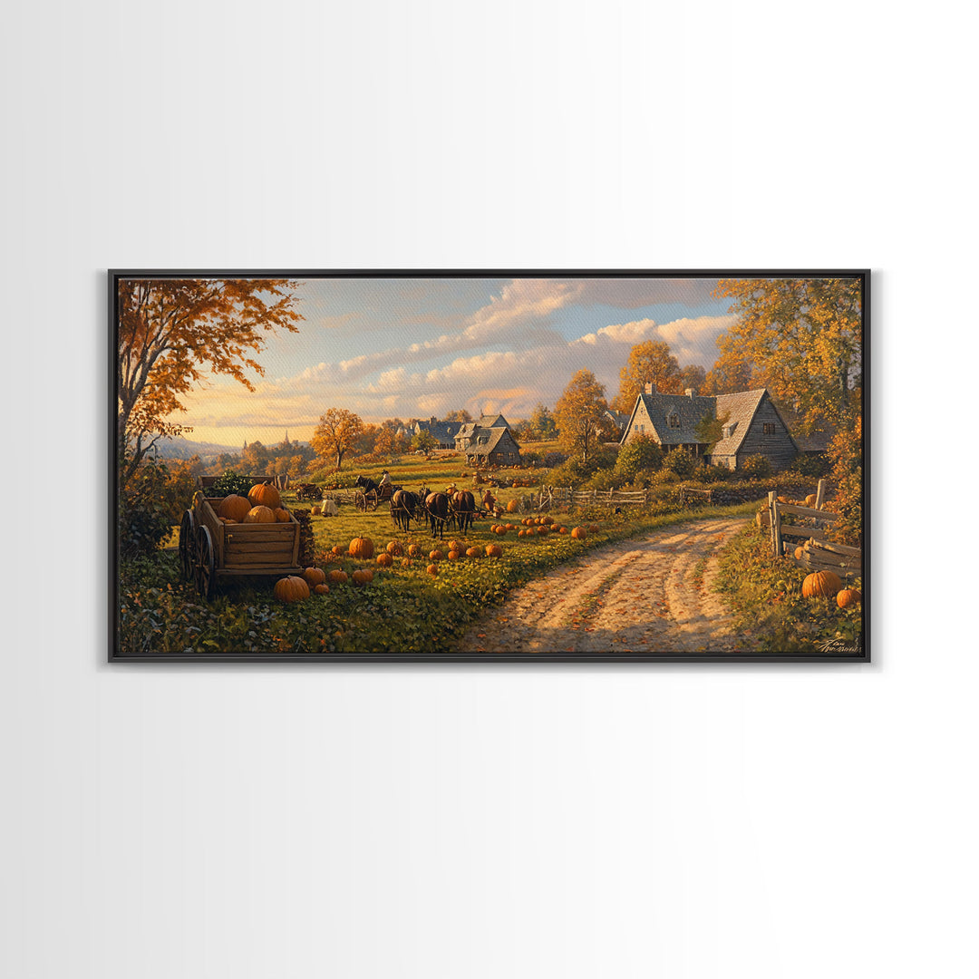 Autumn Pumpkin Harvest Framed Canvas Print, Fall Country Farm Scene Wall Art, Best Autumn Decor, Cozy Farmhouse Gift Idea