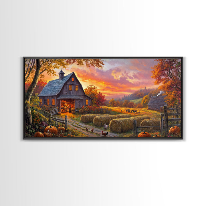 Cozy Barn at Sunset Framed Canvas Print, Fall Harvest Wall Art, Country Farmhouse Autumn Decor, Seasonal Gift Idea Best Fall Wall Art