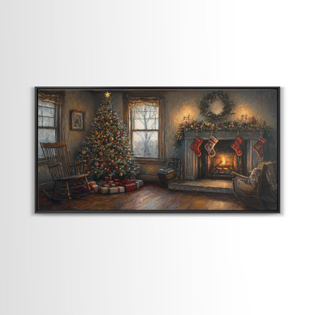 Traditional Christmas Living Room Framed Canvas Print with Tree and Stockings, Rustic Christmas Decor, Best Holiday Gift Wall Art