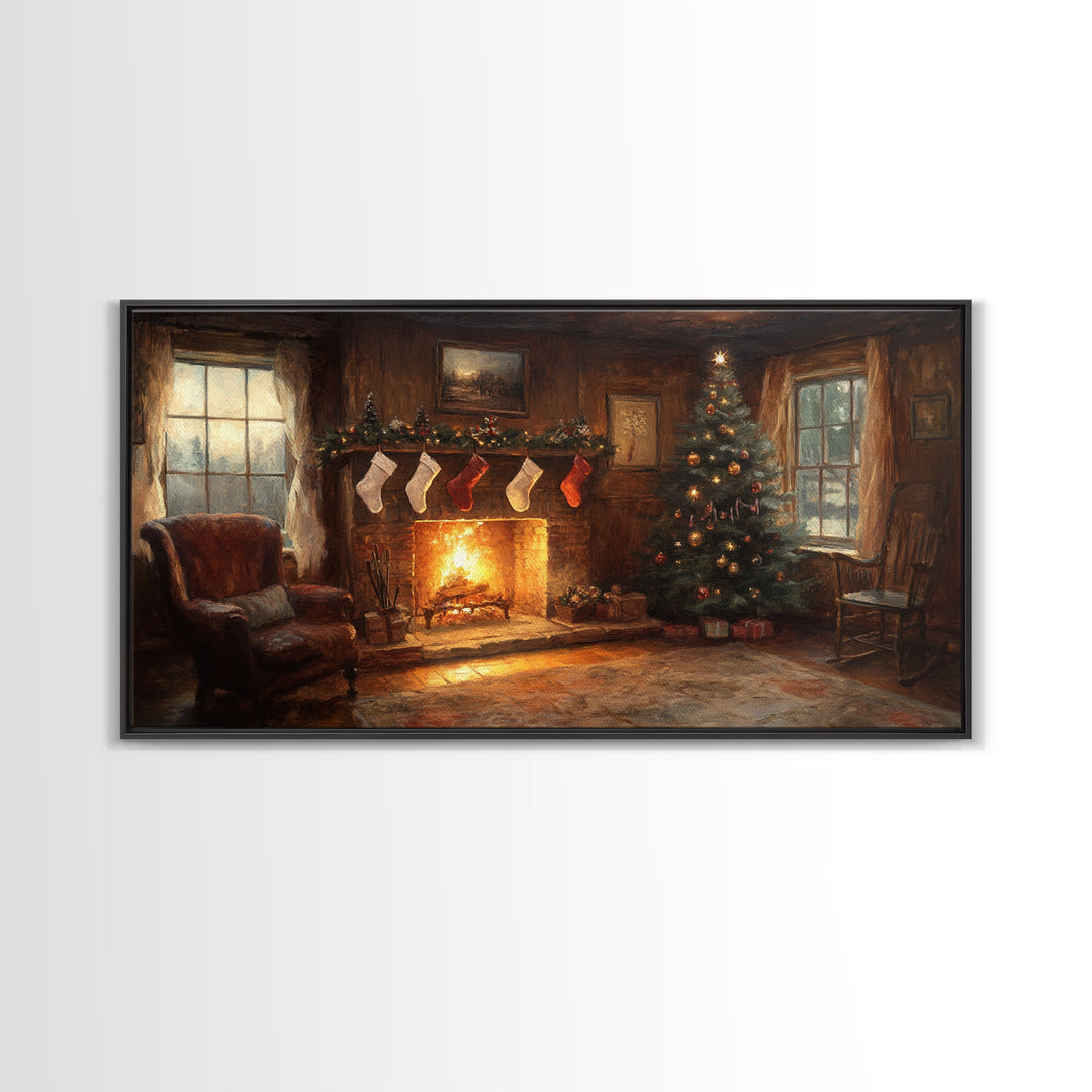 Vintage Christmas Living Room Framed Canvas Print with Fireplace and Stockings, Cozy Rustic Holiday Wall Art, Best Christmas Gift Idea