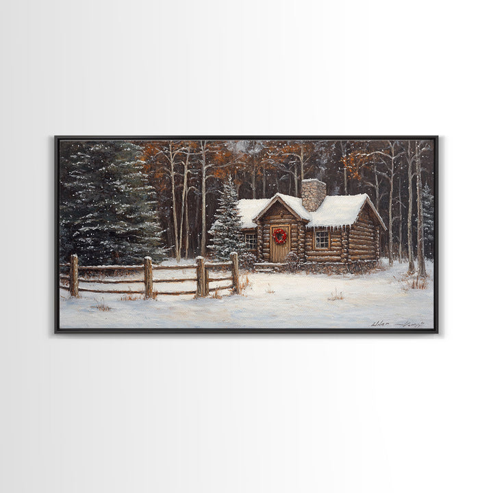 Snowy Log Cabin Christmas Framed Canvas Print, Rustic Winter Wonderland Art, Cozy Holiday Decor, Best Gift Christmas Wall Art