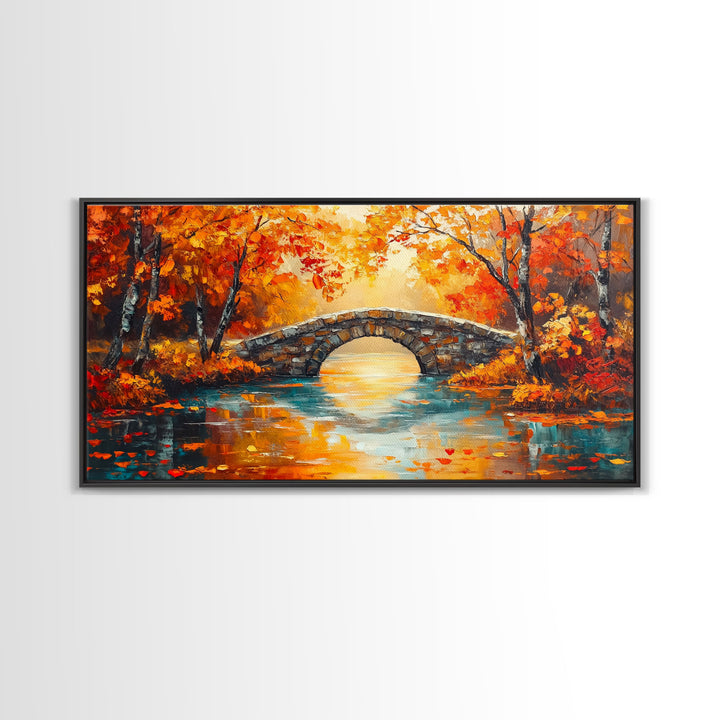 Stone Bridge in Autumn Framed Canvas Print, Colorful Fall Landscape Art, Seasonal Wall Decor, Best Gift Idea for Fall Farmhouse Decor