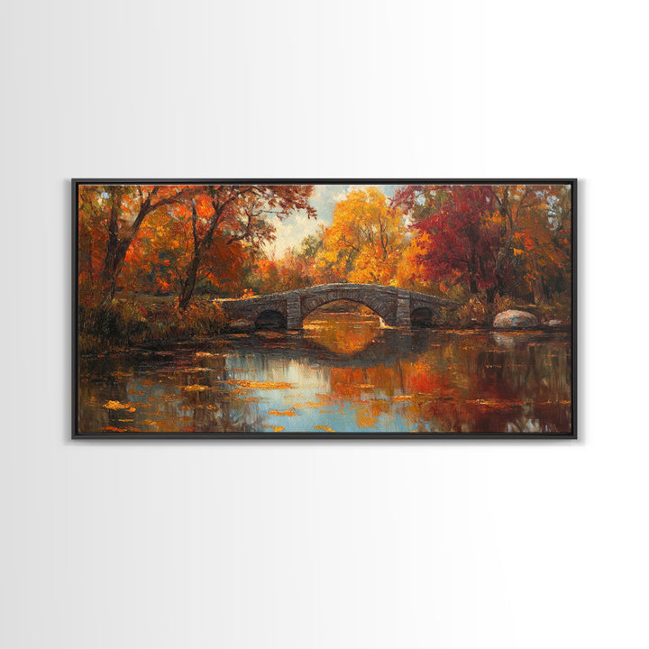 Scenic Autumn Bridge Framed Canvas Print, Cozy Fall Landscape Wall Art, Country Farmhouse Autumn Decor, Best Seasonal Gift Idea