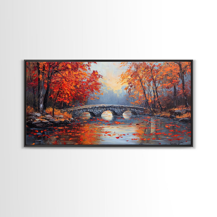 Autumn River Bridge Framed Canvas Print, Colorful Fall Landscape Wall Art, Cozy Seasonal Decor, Best Gift Idea for Farmhouse Wall Art