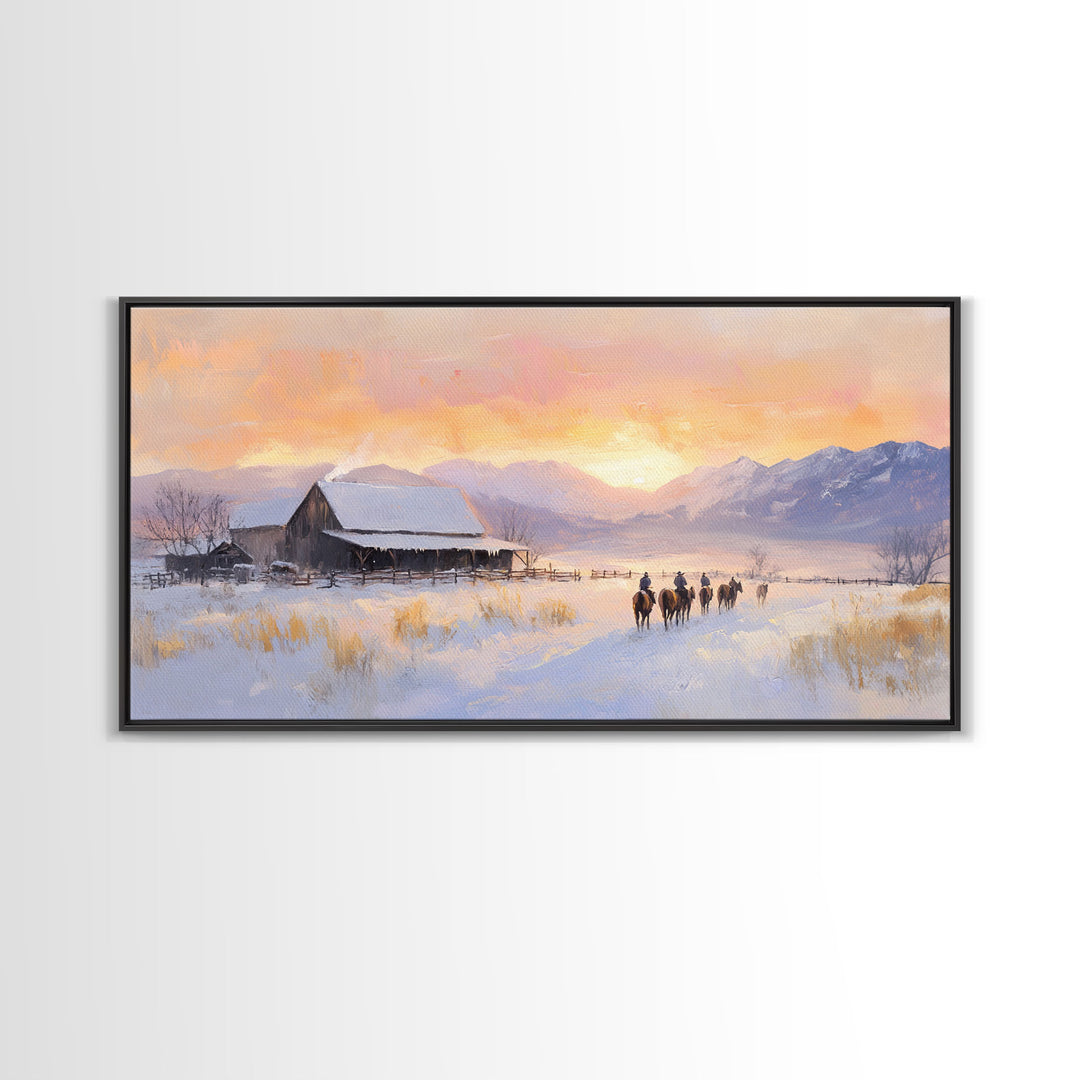 Snowy Farmhouse Sunset Framed Canvas Print, Winter Mountain Landscape Art, Rustic Country Christmas Decor, Best Winter Wall Art Gift