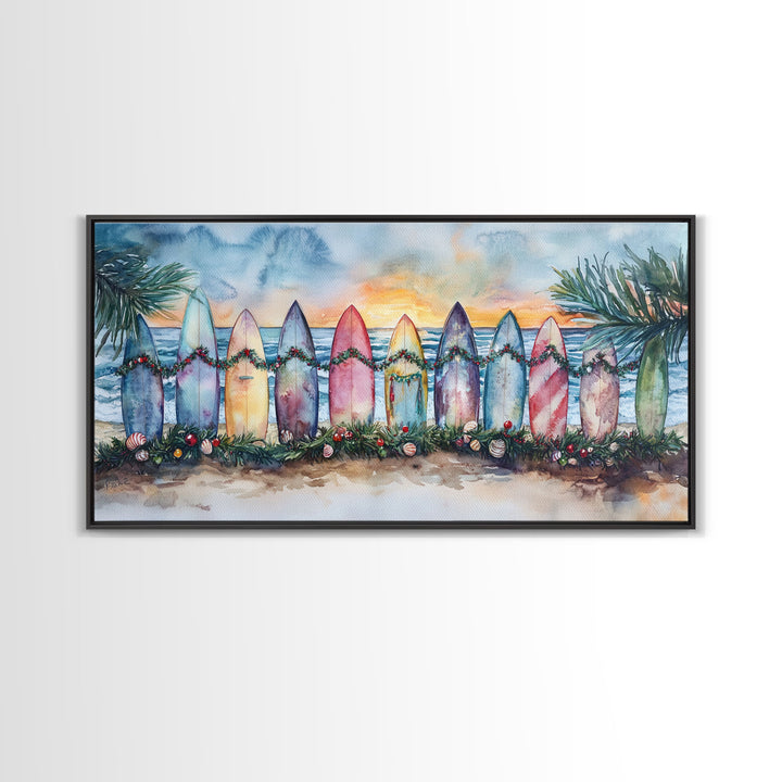 Vibrant Surfboard Coastal Christmas Scene Framed Canvas Print, Sunset Beach Holiday Decor with Garland and Ocean Waves Wall Art