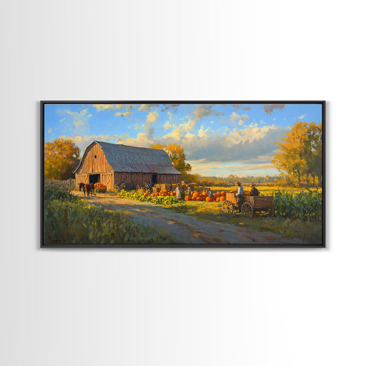 Picturesque Autumn Barn Harvest Scene Framed Canvas Print Farmhouse Art, Fall Harvest Scene Art Print, Rustic Wall Decor for Fall Season