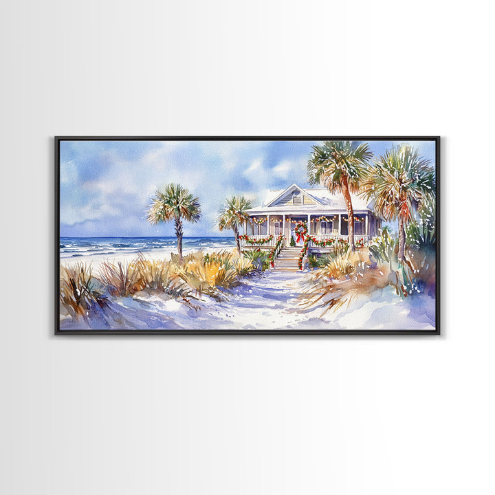 Snowy tropical Christmas decor scene, Framed Canvas Print beach house wreath and holiday lights, winter coastal home decor Christmas art