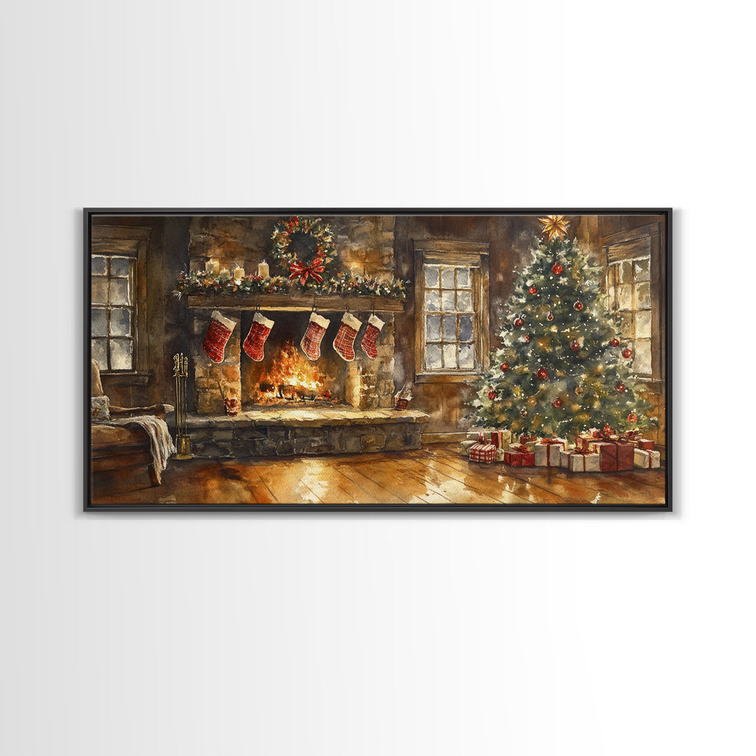 Cozy Christmas living room with stockings, Christmas tree, and fireplace, Framed Canvas Print for holiday wall art vintage Christmas decor