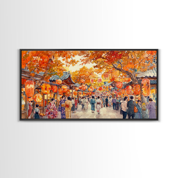 Vibrant fall market street scene with lanterns and people, framed canvas print, perfect autumn or fall festival decor wall art