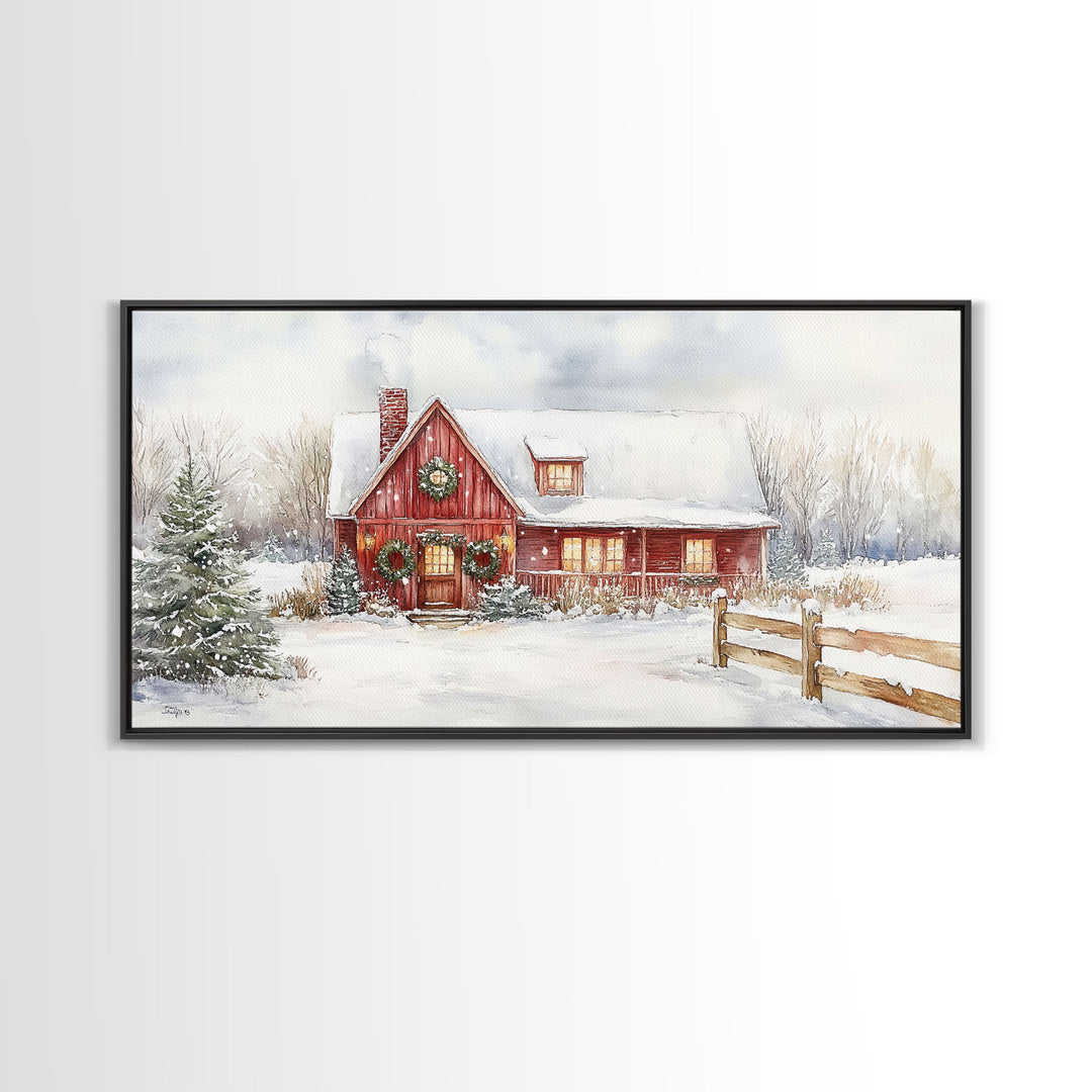 Snowy red farmhouse with wreaths and holiday lights, framed canvas print, perfect Christmas holiday decor or winter wall art display