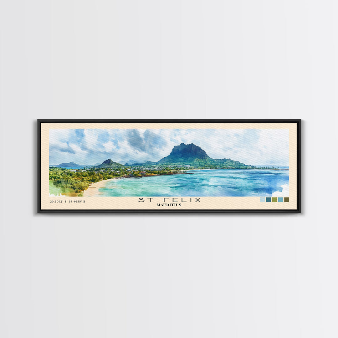 St Felix, Mauritius Watercolor Beach Print, Vacation Gift, Mauritius Wall Art, Framed Canvas Print, Framed Beach Painting